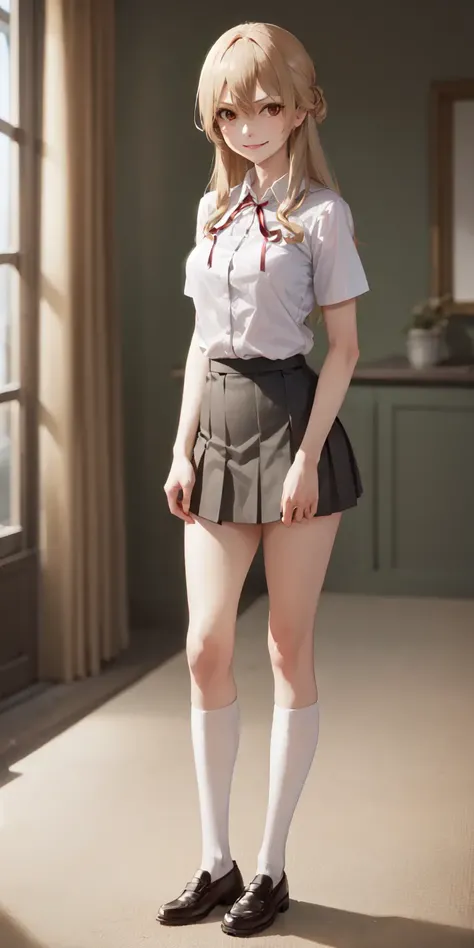 (masterpiece, best quality:1.2), <lora:gleipnir_aoki-10:0.8>, full body, solo, 1girl, aoki clair, evil smile, looking at viewer, jitome, standing, white collared shirt, red neck ribbon, short sleeves, pleated skirt, white kneehighs, brown footwear, loafers