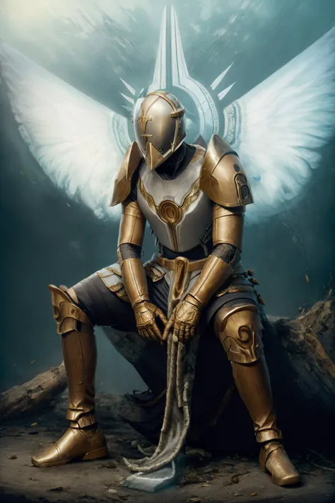 <lyco:add_detail:0.7>, <lyco:ultrakill_gabriel-10:1.0>, realistic, photograph, gabriel \(ultrakill\) wearing a helmet, sitting with their legs crossed, greaves, wings