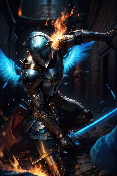 masterpiece, best quality, realistic, photograph,
helmet, greaves, wings, (holding a sword:1.3),
fire in background,
<lora:UltrakillGabrielV10:0.8> gabriel \(ultrakill\),
<lora:AddDetail:1>