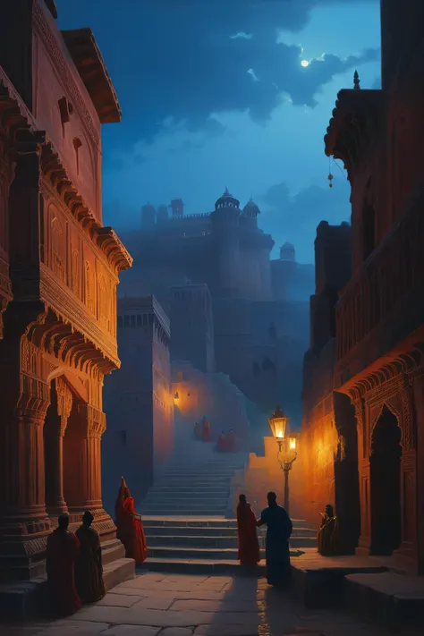 fantasy atmosphere, Mehrangarh Fort at Jodhpur, Indian fort, red sandstone (15th Century:1.5), dramatic atmosphere, dream scenery art, beautiful oil painting, masterpiece, highres, <lora:add-detail-xl:1>  <lora:Aros_Castle_Style:1>