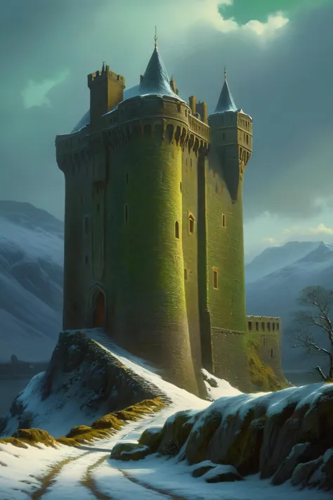 fantasy atmosphere, (snow, snowy winter landscape), (a Scottish tower keep in the Scottish Highlands), (13th Century:1.5), epic sky, dramatic atmosphere, dream scenery art, beautiful oil painting, masterpiece, highres,  <lora:add-detail-xl:1>   <lora:Aros_Castle_Style:0.7>