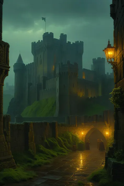 fantasy atmosphere, Caerphilly Castle at wales on a rainy day, (13th Century:1.5), dramatic atmosphere, dream scenery art, beautiful oil painting, masterpiece, highres,  <lora:add-detail-xl:1>   <lora:Aros_Castle_Style:1>