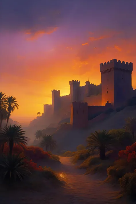 fantasy atmosphere, (a Castles in Morocco), (small castle:1.9), (13th Century:1.5), date palms, (epic sunset sky), dramatic atmosphere, dream scenery art, beautiful oil painting, masterpiece, highres,  <lora:add-detail-xl:1>  <lora:Aros_Castle_Style:0.7>