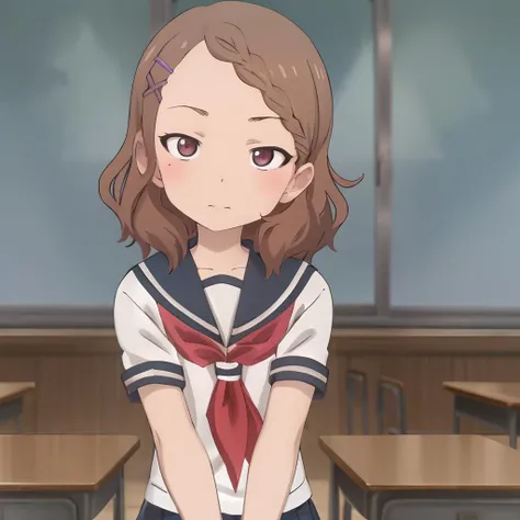 houjou_takagisan, <lora:houjou_takagisan_v1:0.7> school uniform, classroom, anime, sitting on desk, hairclip, masterpiece, best quality