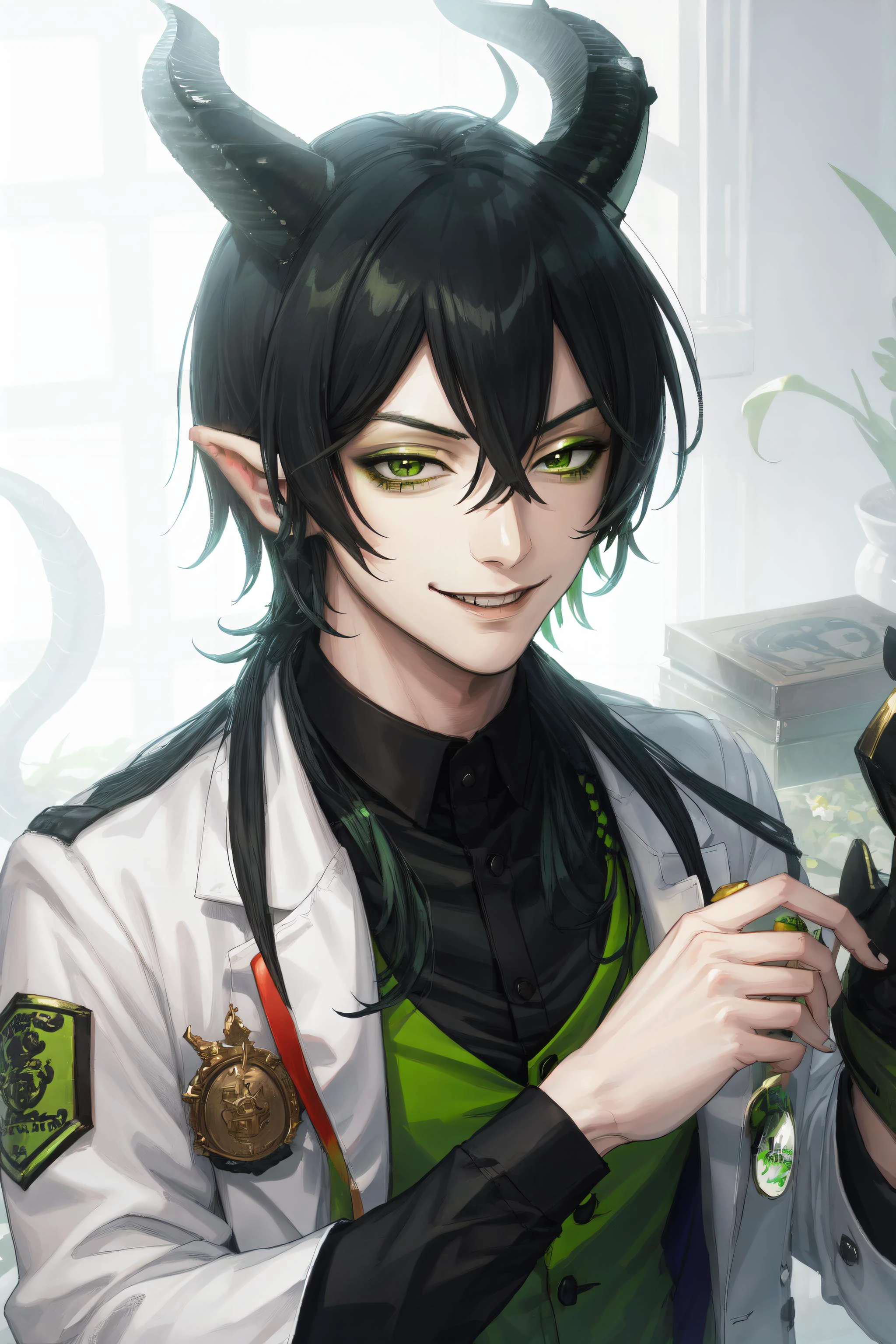(ver4costume:1.2) labcoat, inner green shirt, 1boy, malleus draconia \(twisted wonderland\), horns, evil smile, <lora:Malleus Draconia-000010:1>, <lora:GBFSA-000015:0.4>