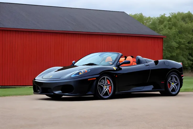 Photo of a black Ferrari F430 parked in front of a red barn <lora:Ferrari_F430_Spider:.7>