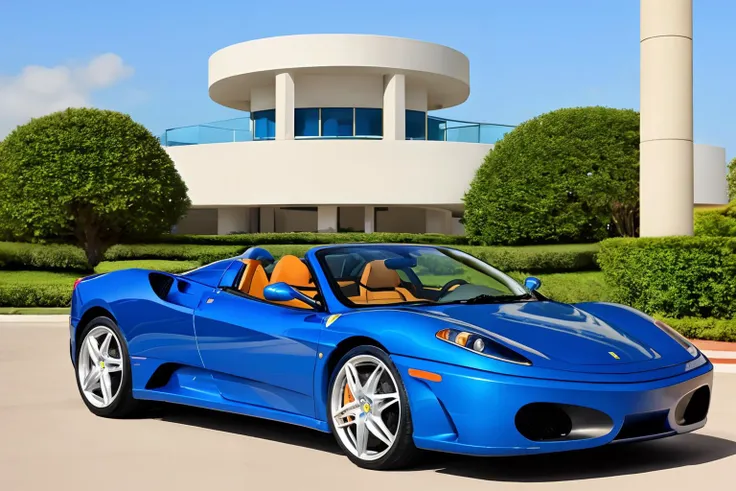 Photo of a sapphire blue Ferrari F430 parked in front of a Art Deco hotel <lora:Ferrari_F430_Spider:.7>