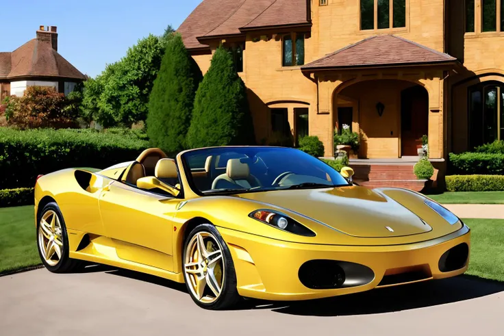 Photo of a gold Ferrari F430 parked in front of a Tudor Revival mansion <lora:Ferrari_F430_Spider:.7>