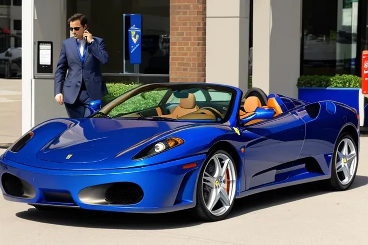 Photo of a sapphire blue Ferrari F430 parked in the city next to a businessman on a cell phone <lora:Ferrari_F430_Spider:.7>
