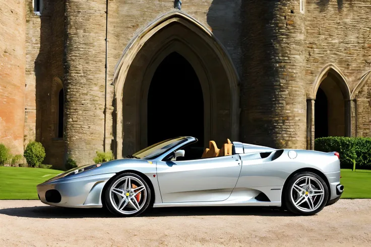 Photo of a silver Ferrari F430  parked in front of a Italian castle <lora:Ferrari_F430_Spider:.7>
