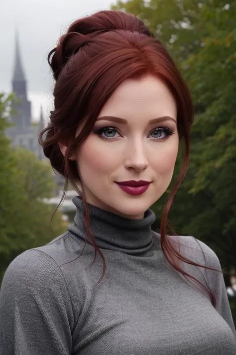<lora:elliekemper:0.5>, ,elliekemper, ((dark red hair)) , photo of a woman, ((hair up, fancy updo)), ((outdoors, detailed fantasy city, turtleneck bodysuit, cape)),smiling, ((dark lipstick, heavy eyeliner, heavy eye shadow, blush, goth makeup, pale skin)), ((best quality, masterpiece, extreme details, high resolution):1.2),((detailed eyes, beautiful eyes, detailed face, beautiful face):1.2)