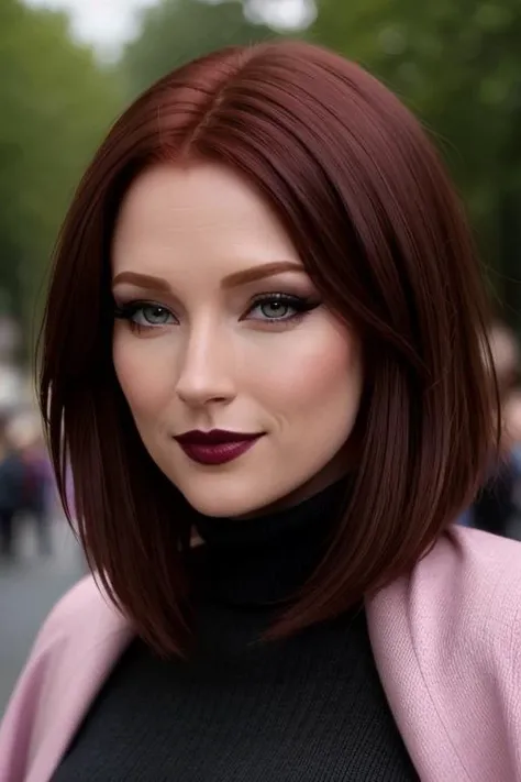 <lora:elliekemper:0.5>, ,elliekemper, ((dark red hair)) , photo of a woman, ((dark red hair, short hair)), ((outdoors, detailed fantasy city, turtleneck bodysuit, cape)),smiling, ((dark lipstick, heavy eyeliner, heavy eye shadow, blush, goth makeup)), ((best quality, masterpiece, extreme details, high resolution):1.2),((detailed eyes, beautiful eyes, detailed face, beautiful face):1.2)
