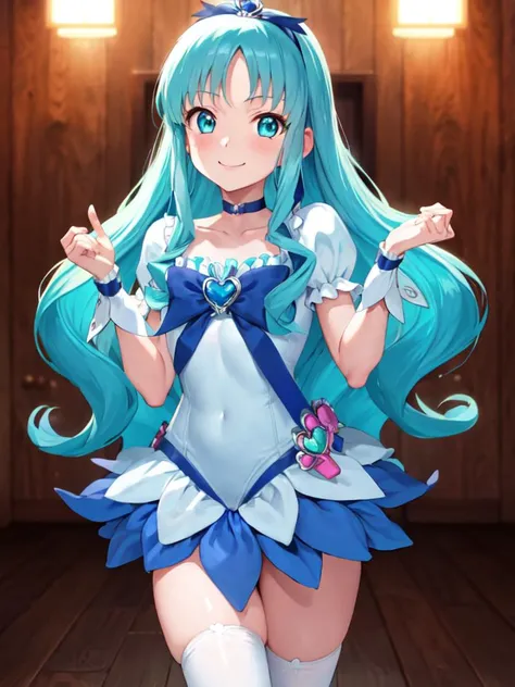 masterpiece, best quality, looking_at_viewer, depth_of_field, smile, cowboy shot,
1girl, <lora:locon_cure_marine_2:0.9>, cure marine, wavy hair, aqua hair, white thighhighs, wrist cuffs, hair ribbon,