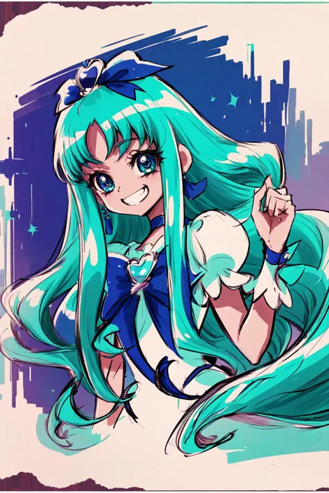 masterpiece,best quality,1girl,cure marine,wavy hair,aqua hair,white thighhighs,wrist cuffs,hair ribbon,grin,upper body,<lora:locon_cure_marine_2:0.9>,<lora:KamikitaV2:0.8>,