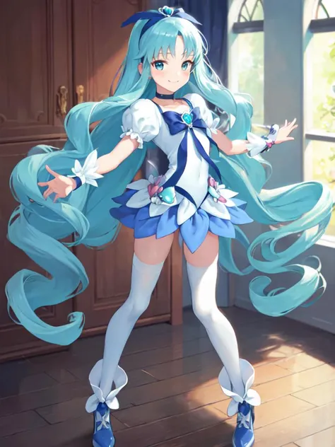 masterpiece, best quality, looking_at_viewer, depth_of_field, smile, full body,
1girl, <lora:locon_cure_marine_2:0.9>, cure marine, wavy hair, aqua hair, white thighhighs, wrist cuffs, hair ribbon, white shoes,