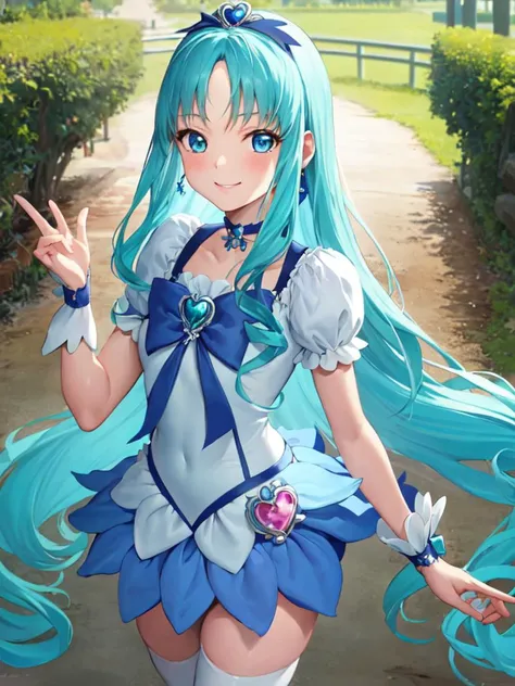 masterpiece, best quality, looking_at_viewer, depth_of_field, smile, cowboy shot,
1girl, <lora:locon_cure_marine_2:0.9>, cure marine, wavy hair, aqua hair, white thighhighs, wrist cuffs, hair ribbon,