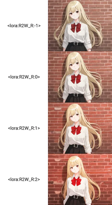 girl, long blonde hair, brown eye, white shirt, in velly, brick wall, looking at viewer, black skirt, black belt, red bowtie
<lora:R2W_R:-1>