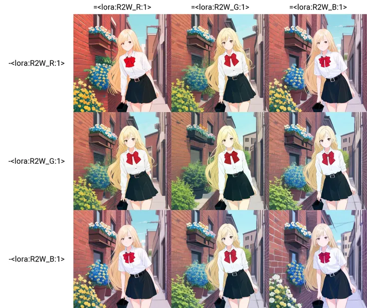 girl, long blonde hair, brown eye, white shirt, in alley, blue sky, brick wall, flower pot,looking at viewer, black skirt, black belt, red bowtie
=<lora:R2W_R:1> , -<lora:R2W_R:1>