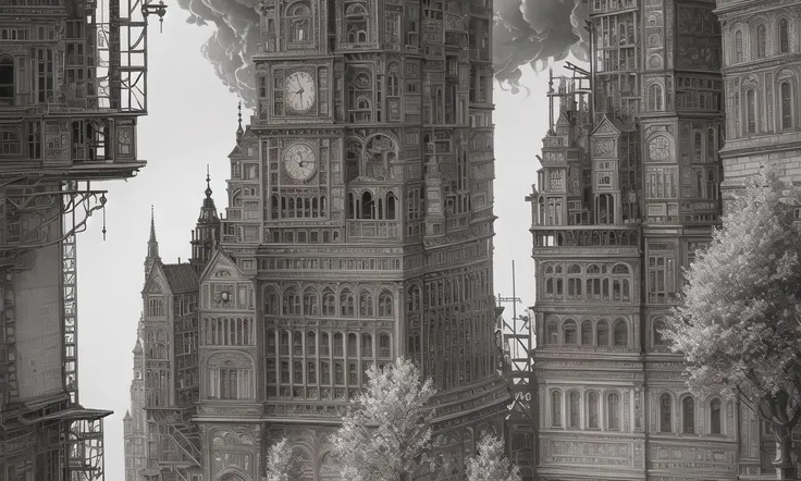 (masterpiece), A stunning and intricate drawing of aArchitectural , city,  scaffolding, statues, Baroque facaes, castles, (billboards 1.2), Monuments, dark clouds ,  layers of construction materials and buildings, Depth of field, clock towers, huge strata  of rock and minerals, trees and roots, decay, fire and smoke