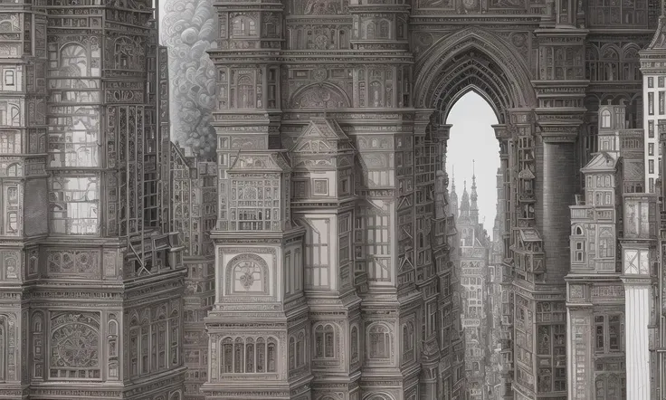 (masterpiece), A stunning and intricate drawing of aArchitectural , city, scaffolding, statues, Baroque facaes, castles, (billboards 1.2), Monuments, dark clouds , layers of construction materials and buildings, Depth of field, clock towers, huge strata of rock and minerals, trees and roots, decay, fire and smoke