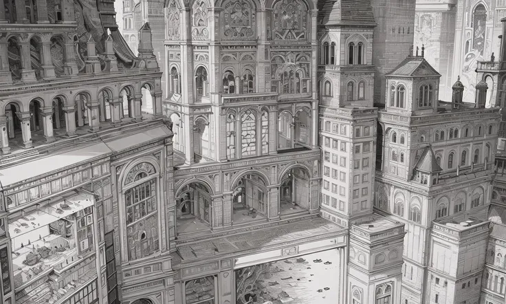 (masterpiece), A stunning and intricate high contrast (line drawing:1.2) of a Cultural town, clock towers,aquarium,roots,partially collapsed,castles, very detailed