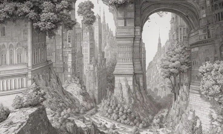 (masterpiece), A stunning and intricate high contrast (line drawing:1.2) of a dense city, trees,minerals,Monuments,domes,statues,billboards,castles,a waterfall very detailed