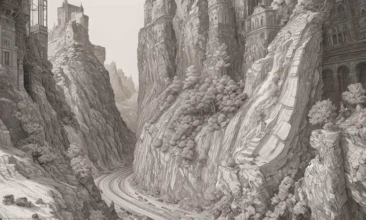 (masterpiece), A stunning and intricate high contrast (line drawing:1.2) of a Lively landscape, rocks,billboards,statues,castles,a waterfall,aquarium,eclectic facades very detailed