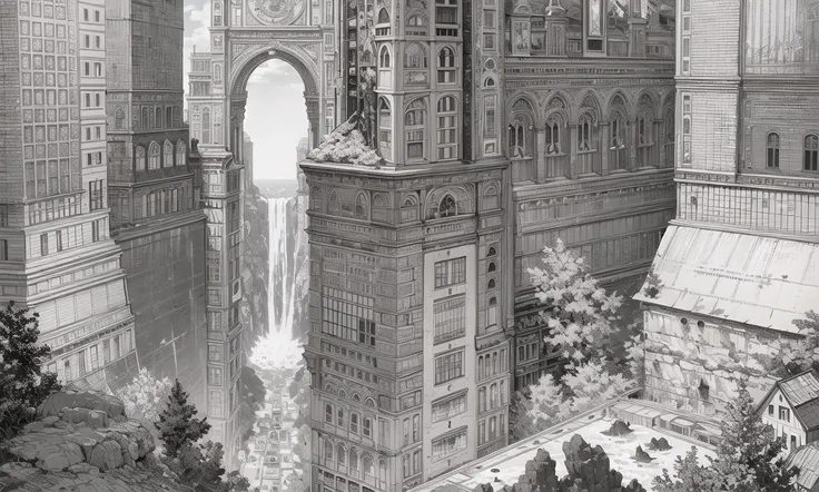 (masterpiece), A stunning and intricate high contrast (line drawing:1.2) of a Charming  city, billboards,rocks,aquarium,Monuments,a waterfall,domes, very detailed