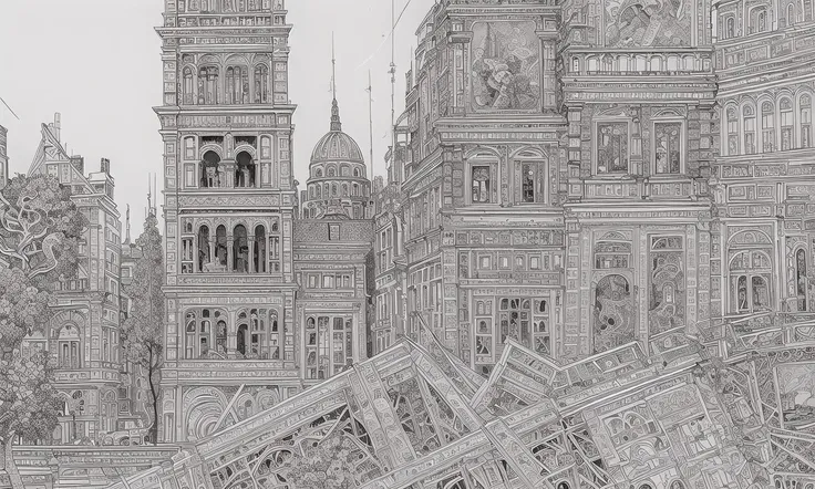 (masterpiece), A stunning and intricate high contrast (line drawing:1.2) of a Thriving town, partially collapsed,statues,a fire,rocks,domes,billboards,trees,eclectic facades very detailed