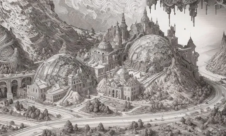 (masterpiece), A stunning and intricate high contrast (line drawing:1.2) of a Industrial town, minerals,roots,domes,statues very detailed