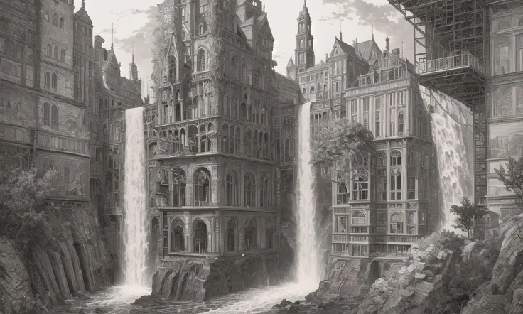 (masterpiece), A stunning and intricate high contrast (line drawing:1.2) of a Diverse landscape, a waterfall,scaffolding,aquarium,Monuments,partially collapsed,rocks,eclectic facades very detailed