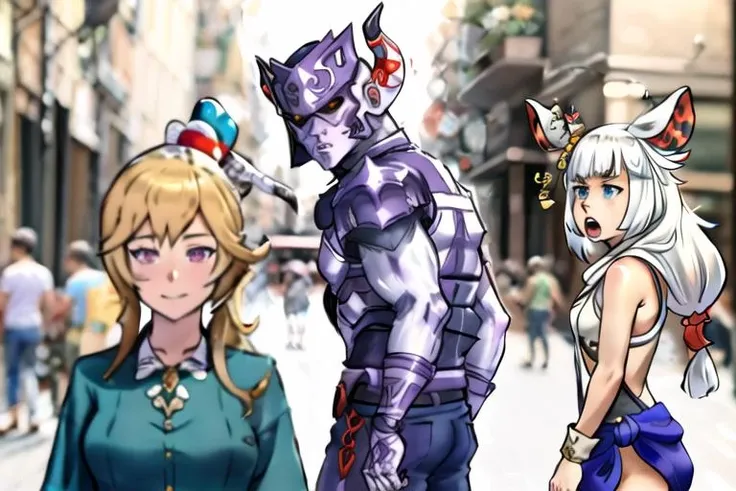 Highly detailed, High Quality, Masterpiece, beautiful, IncrsDistractedBoyfriendMeme, <lora:DistractedBoyfriendMeme:.3>, BREAK
elisanne, side ponytail, <lora:dragalialost_elisanne:.8> , BREAK
b3rserker <lora:berserker7:.7> , BREAK
open mouth, screaming, mitsuh1de <lora:mitsu8:.8>