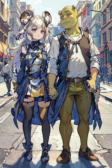 1boy and 1girl, holding hands, urban street, standing side by side, next to one another, shoulder to shoulder
BREAK
1girl, mitsuhide, black and red mouse ears, hair ornaments, yellow thighhighs <lora:mitsu5:.7> 1girl, short girl, chibi
BREAK
1boy, shrex <lora:ShrekDoguVersion2:1>, tall male, fat, big stomach, green skin, brown pants, white shirt,, Realistic painting style, masterpiece, best quality, absurdres, pixiv, detailed face
