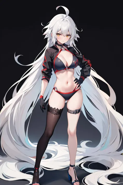 (masterpiece, best quality:1.2), full body, solo, 1girl, jeannebrskr, serious, looking at viewer, hand on hip, ahoge, v-shaped eyebrows, shrug \(clothing\), cropped jacket, o-ring bikini, black gloves, single thighhigh, thigh strap, choker, simple background <lora:fate_jeannedearcalter_berserker-17:1>