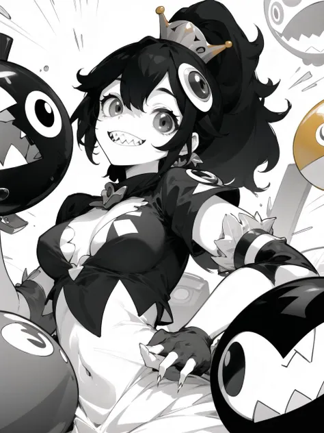 black and white, masterpiece, <lora:Chompette-10:0.8> chompette, chomps, black hair, ponytail, smile, sharp teeth, from below, open stance, dutch pose, <lora:animeoutlineV4_16:0.5>