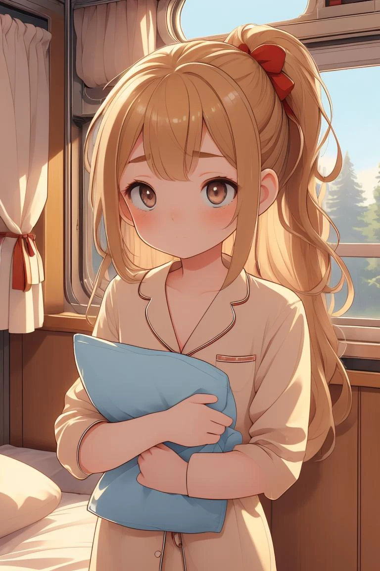 (masterpiece, best quality), 1girl, Sizes I to L breasts,Chestnut Blonde Low Braided Ponytail with Ribbon Tie, <lora:girlliketrainroomette:1> train roomette, bunk bed, big window, wooden wall, sleeping, pajamas, <lora:ScaredToSleepAlone:1> scared to sleep alone