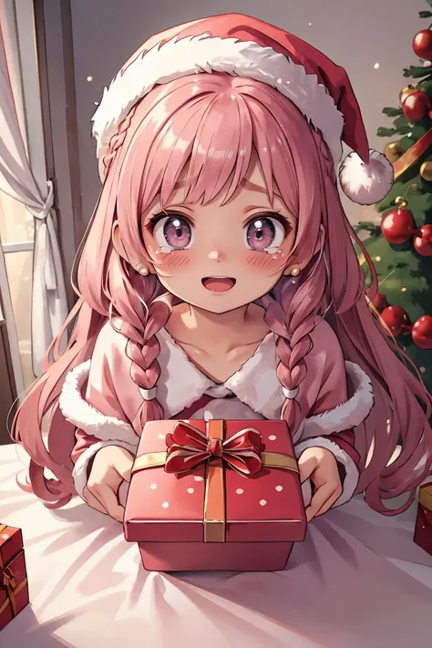 (masterpiece, best quality), 1girl, Pink Crown Braids with Loose Waves, surprised, happy, happy tears, reciving gift, gift box, santa hat,