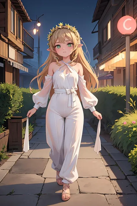 (masterpiece, best quality), female adolescence, athletic, european, green eyes, unusual ears,  protruding chin with cleft, angular jaw,    elegantly arched feet,  bridal makeup , brown french braid hair, boredom wearing summer jumpsuit, wrap-front blouse,  floral crown with ribbon ties,, walking away pose, walking away with a confident and alluring stride, creating a captivating and mysterious pose, neon lighting, vibrant, colorful lights adding a modern and edgy touch to romantic scenes, a peaceful lakeside retreat, with serene waters and people enjoying recreational activities