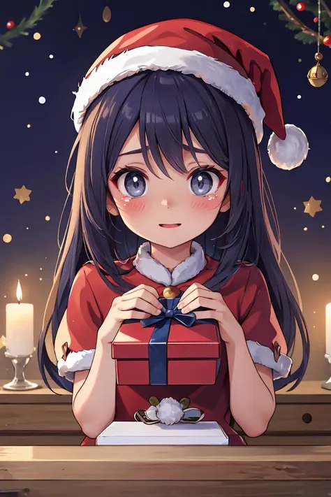 (masterpiece, best quality), 1woman, Midnight blue Comb-Over with Fade, surprised, happy, happy tears, reciving gift, gift box, santa hat,