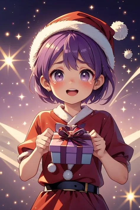 a girl in a santa hat holding a present in front of a starr sky