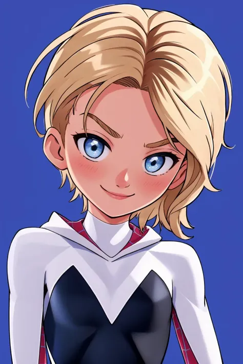 1girl, gwen, abs, Gwen, blue eyes, bodysuit, web-print, smile, hood down,
skinny, (simple background:1.15),
view from front, (face focus:1.35), looking at viewer, <lora:SVerse_Gwen-DEF:0.75>, masterpiece, highest quality