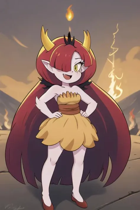 hekapooo, adult 1girl standing, full body, solo, long hair, breasts, smile, open mouth, very long hair, yellow eyes, red hair, pointy ears, fang, hair over one eye, hand on hip, demon girl, fire, tiara, fake horns, grey skin, wide hips, thick thighs, strapless dress, yellow dress, bare shoulders