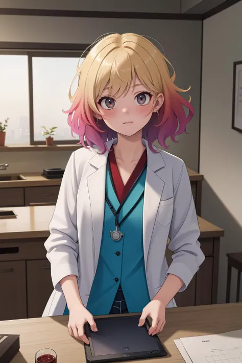 (high quality, best quality, sharp focus:1.3), ancient america, american, good-looking woman, doctor, wearing lab coat, gradient hair, medium hair, messy_hair, grand boat, detailed, extreme detail, intricate detail, highres, absurdres, 4k, 8k, HDR, UHD, masterpiece, immaculate, perfect