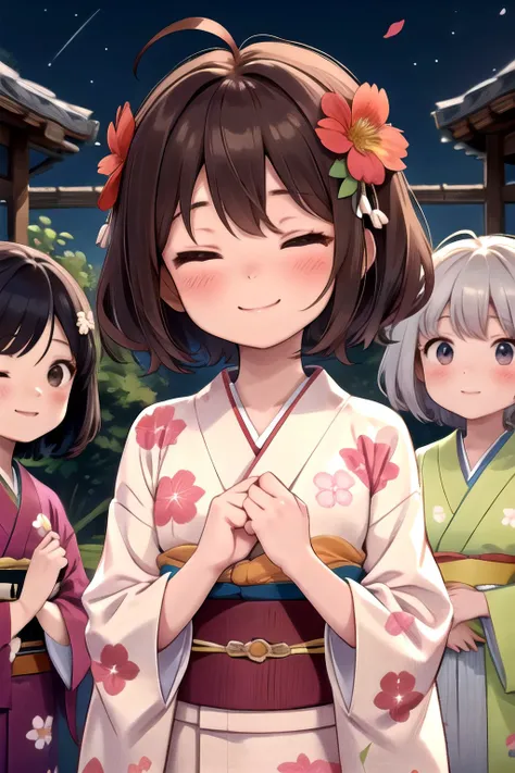 best quality, masterpiece, highres, solo, kanon_konomori_watashinitenshigamaiorita:1.15, blush, brown_hair, smile, short_hair, ahoge, bangs, brown_eyes, closed_mouth, closed_eyes, facing_viewer, flower, hair_flower, hair_ornament, japanese_clothes, kimono, multiple_girls, obi, sash, solo_focus, yukata, floral_print, upper_body