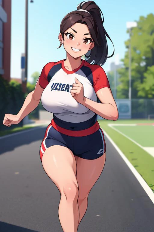 (masterpiece, best quality, high quality, highres, ultra-detailed), female, smiling, curvy, athelete, running
