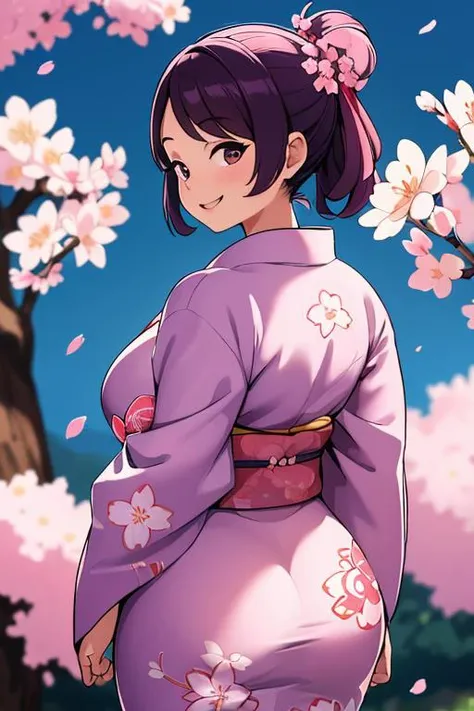 (masterpiece, best quality, high quality, highres, ultra-detailed), female, smiling, yukata, curvy, looking back, from behind, cherry blossoms