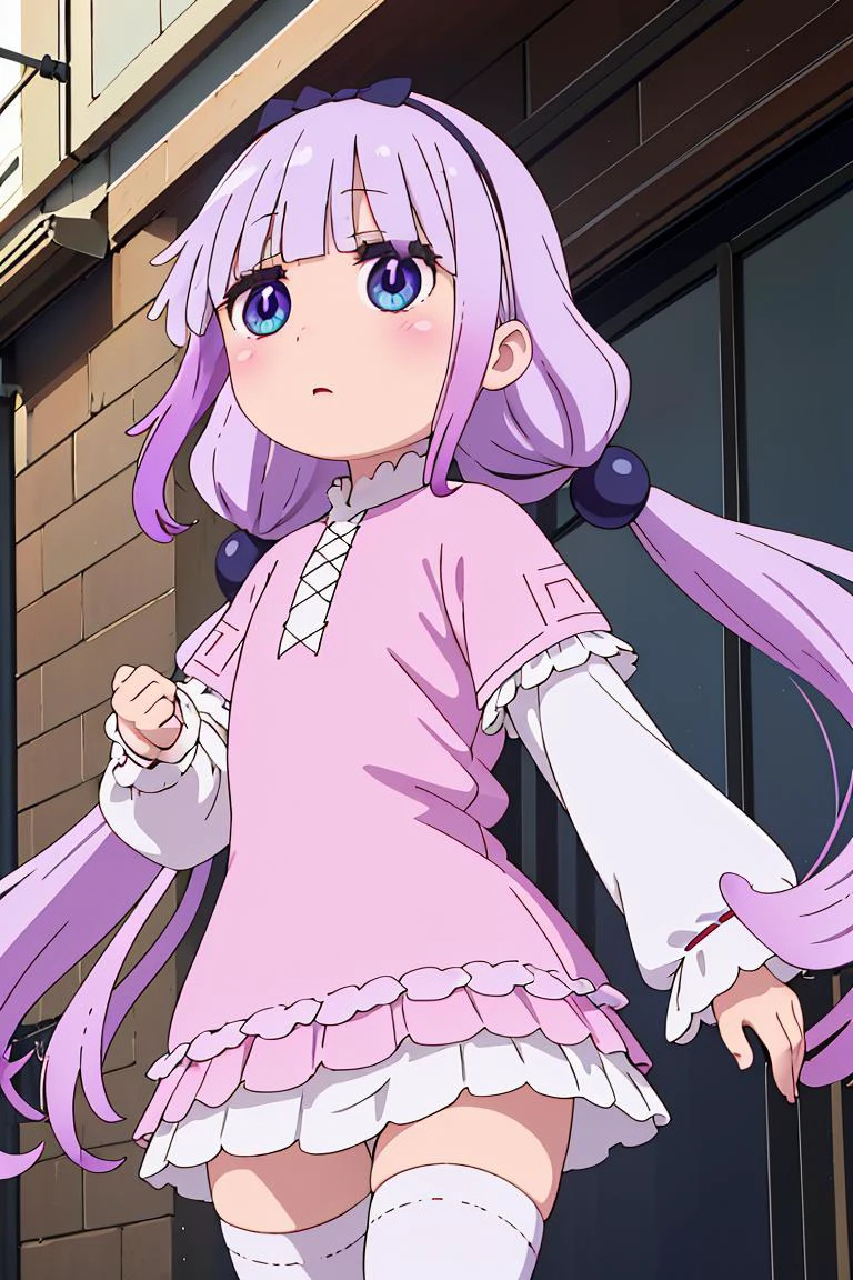 (masterpiece, best quality), 1girl, <lora:kanna kamui s2-lora-nochekaiser:1> kanna kamui, long hair, bangs, blue eyes, hair ornament, twintails, blunt bangs, low twintails, light purple hair, beads, dragon girl, hair beads, hairband, thighhighs, long sleeves, dress, capelet, juliete sleeves,