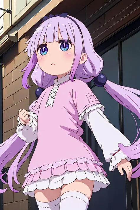 (masterpiece, best quality), 1girl, <lora:kanna kamui s2-lora-nochekaiser:1> kanna kamui, long hair, bangs, blue eyes, hair ornament, twintails, blunt bangs, low twintails, light purple hair, beads, dragon girl, hair beads, hairband, thighhighs, long sleeves, dress, capelet, juliete sleeves,