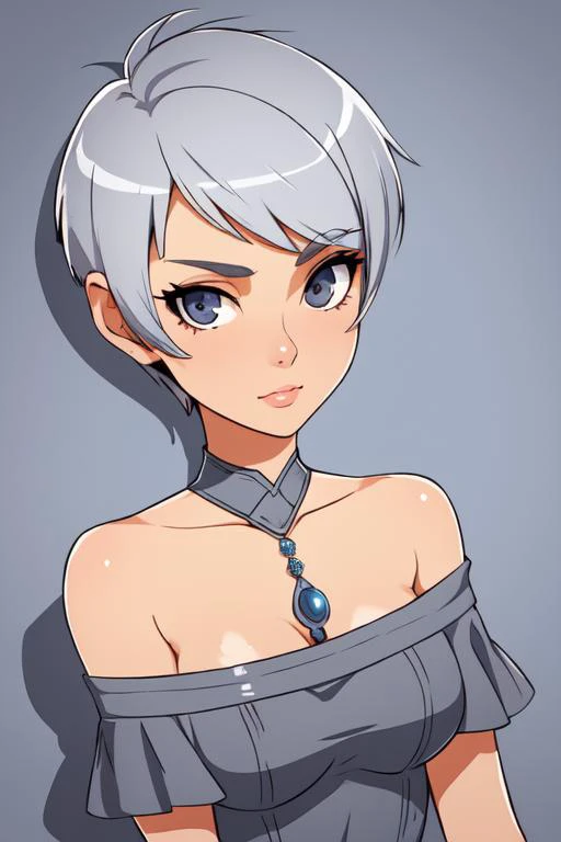 beautiful girl, woman, solo, sexy body, (cute:1.3), (([Steel gray hair], [pixie cut], [off-shoulder dress])), realistic, (cute), (detailed face), detailed eyes, detailed iris, cameltoe,,