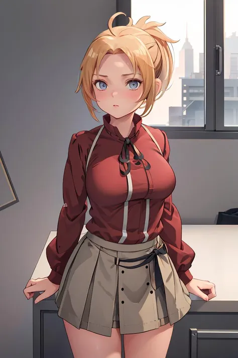 (masterpiece, best quality), 1girl, <lora:zenith_greyrat:1> zenith_greyrat, solo, large breasts, ponytail, short hair, shirt, long sleeves, red shirt, ahoge, ribbon, skirt